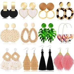 12 Pairs Tassel Earrings Women Girls Acrylic Rattan Geometric Boho Hoop Woven